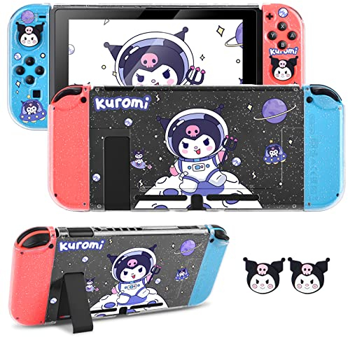 DLseego Clear Glitter Hülle für Switch, Dockable PC Schutzhülle mit Weich Griff Abdeckung und Joystick-Kappe, Flip Shell Kompatibel mit Switch Konsole,Kaninchen Astronaut