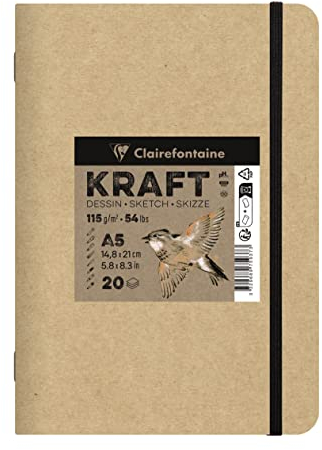Clairefontaine 975937C - Skizzenbuch Kraft Natur DIN A5 14,8x21cm, geheftet, 20 Blatt 115g, ideal für Multitechniken, 1 Skizzenbuch