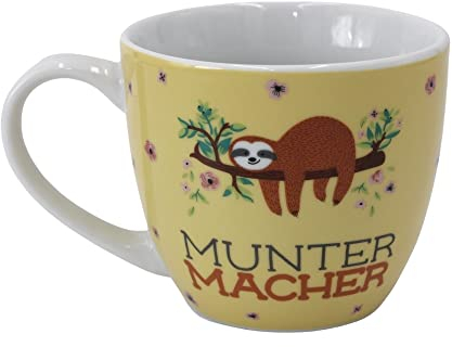Dekohelden24 Maxi - Kaffeebecher/Tasse aus Porzellan, Motiv: Muntermacher, Größe H/Ø: 9,2 x 10,5 cm, Fassungsvermögen 400 ml, Spülmaschinengeeignet.