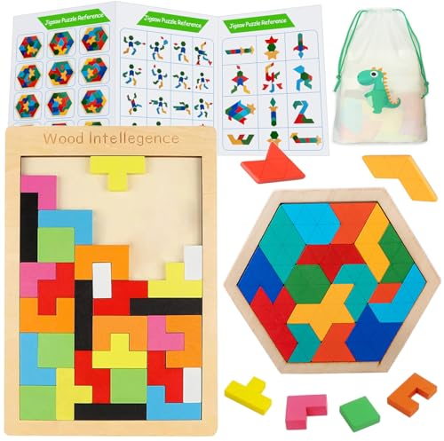 2 Stück Holz Kinder Puzzle Holz Tangram Puzzle Set, Holzpuzzle Gehirn Spiel Baustein Intelligenz Pädagogisches Geschenk Hölzernen Sechseck-Puzzle für Kinder über 3 Jahre alt Jungen und Mädchen