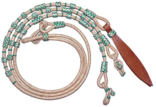 WeavingCraft Naturseil mit türkisfarbenen und weißen Knoten, rohes Leder, Pferdezaumzeug, handgeflochten, Romal Romel Zügel, Ranch Seil/Seilzügel