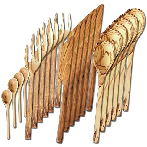 NATUREHOME Posate rustiche in legno d'ulivo, 24 pezzi, in set: coltello, forchetta, cucchiaio grande e piccolo