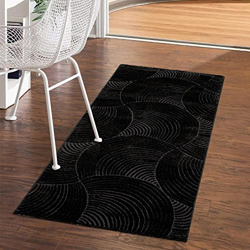 carpet city Teppich Flur 80x150 cm - Schwarz, Anthrazit - Kurzflor, 3D-Effekt, Glanzgarn - Geo-Muster, Kreise - Moderner Teppich-Läufer Schlafzimmer, Wohnzimmer, Esszimmer