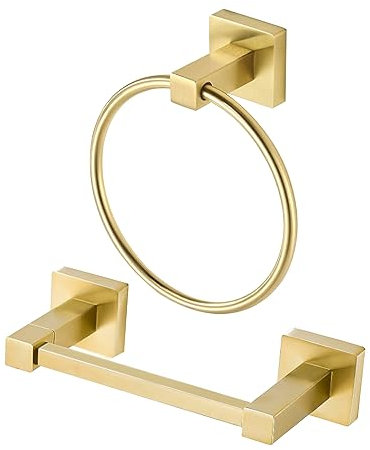 BigBig Home Gold Toilet Paper Holder Towel Ring, Brushed Gold Hand Towel Holder Bathroom Hardware Accessories Wall Mount Double Post Toilet Tissue Roll Holder Square 2 Pieces Set