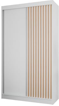 Margaret Hadas24 Kleiderschrank Lili mit Lamellen ohne Spiegel, Organizer, Mehrzweckschrank, Schwebetürenschrank, Garderobenschrank, Kleiderstange, Kleiderständer, Schrank, 120 cm, weiß,