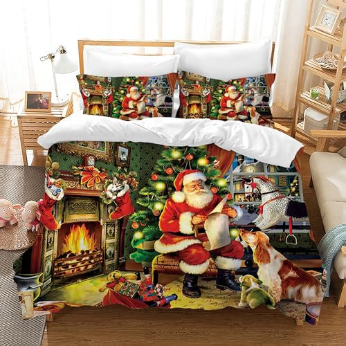 Weihnachten Bettwäsche Set Weihnachtsmann und Elch Schneemann Rentier Muster Bettbezug Set mit Kissenbezügen, Weihnachtsdekoration, Geschenk-Set (Alter Mann und Hund, 220 x 240 cm)