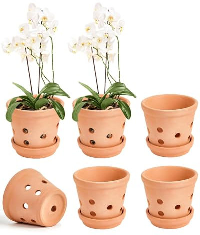 vensovo 10CM Terracotta Orchid Pots with Holes and Saucers - 6 Pcs Small Clay Orchid Planter Pots for Repotting, Plant Flower Pots for Orchid Indoor and Outdoor Promotes Air Circulation