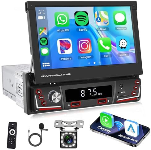 Rimoody Car Stereo Single Din Wireless Carplay&Android Auto 7 Inches Flip out Touchscreen 1 Din Radio with Android Auto Bluetooth Mirror Link FM/AM Radio TF/USB/AUX Rear View Camera
