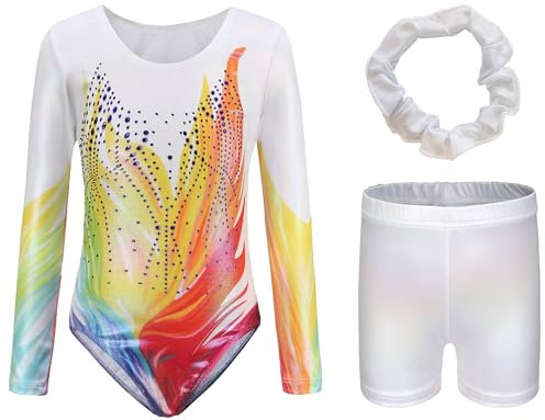 SEAUR Mädchen Turnanzug Turnshorts Set Langarm Gymnastikanzug mit Hose Kinder Trikot Turnen Shorts Gymnastik Tanzen Kleidung 9-10 Jahre