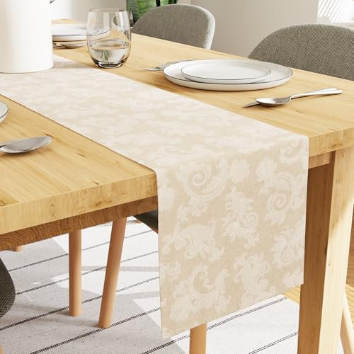 Encasa XO Esstischläufer für 4 to 6 Seater I Größe 32x183 cm | - Blumen Beige Jacquard Style Print auf Homespun Baumwolle | Schnelle Farben, maschinenwaschbar