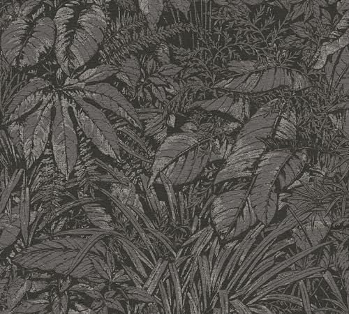 Livingwalls Carta da parati nera grigia – giungla 395606 – Carta da parati in tessuto non tessuto di alta qualità floreale con effetto metallico sobrio in argento dorato, 10,05 m x 0,53 m
