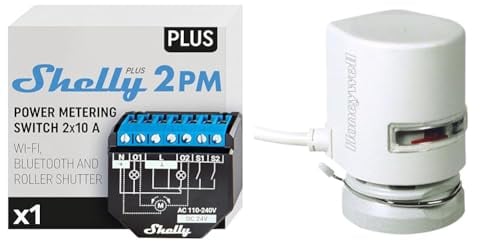 Shelly Plus 2PM | Wlan & Bluetooth 2 Kanäle Smart Relais Schalter mit Leistungsmessung & Google Home Kompatibilität IOS Android App & Honeywell Home evohome Thermoantrieb stromlos offen