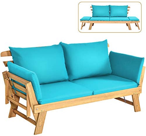 COSTWAY Gartenbank mit Liegefunktion, Gartensofa mit Auflagen und klappbaren Armlehne, Balkonbank aus Akazienholz, Balkonsofa, Gartencouch für Garten, Terrasse, Balkon, 198 x 75 x 75 cm, Türkis