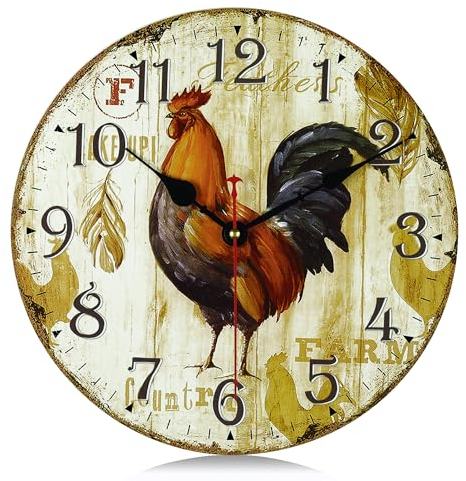 Lafocuse Lautlos Wanduhr Hahn Vintage, Retro Holz Shabby Chic Wanduhren Deko Ohne Ticken für Wohnzimmer Schlafzimmer Küchen Büro 30cm