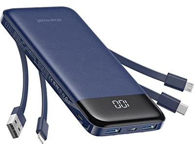 Charmast Power Bank 10000mAh con Cavi Integrati,Caricatore Portatile USB C 5V/3A Powerbank LED Display con 6 Uscite e 3 ingressi per iPhone Huawei Xiaomi (blu)