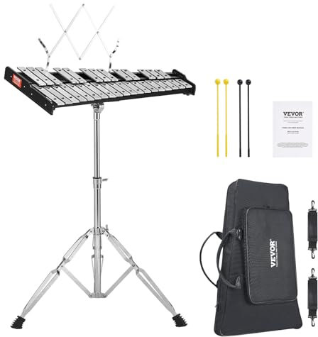 VEVOR Glockenspiel-Xylophon-Set mit 32 Tönen, professionelles Schlaginstrumenten-Set mit Schlägeln, Trommelstöcken, Notenständer, verstellbarem Ständer und Tragetasche für Schüler und Erwachsene