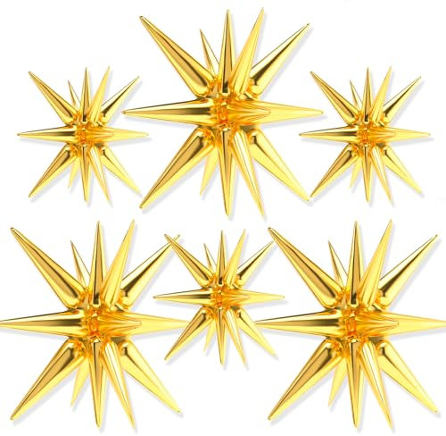 PartyWoo Balloons Star Pack of 6, 27 & 22 Inch One Piece 14-Pointed Star Explosion Balloons Gold, Star Foil Balloons, Large Foil Balloons for Birthday Decoration, Party Decoration (Star, Gold)