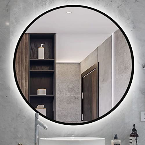 KAYEF Runder LED-Badezimmerspiegel, beleuchteter, von hinten beleuchteter, montierter Spiegel, schwarzer Aluminiumrahmenspiegel für Galerie, Flur, Wohnzimmer, Kommode