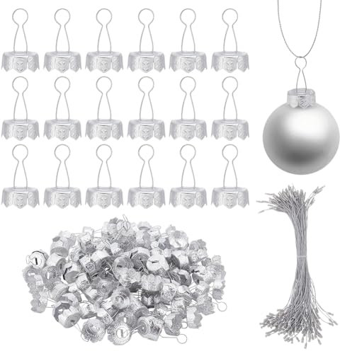 WEBEEDY 120 Set Runde Weihnachtsbaumkappen Und Weihnachtsbaum Aufhängeschnur Set 18mm Ornamentkappen aus Eisen als Ersatzteil Für Weihnachten Party Hochzeit Dekoration (Silber)