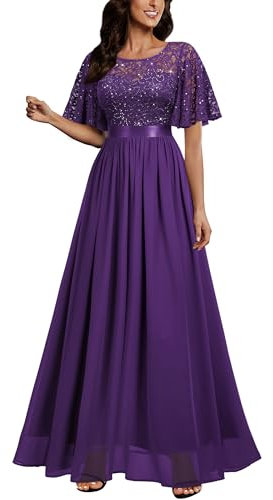 MIUSOL Women's Elegant Flutter Sleeves Lace Sequin Prom Bridesmaids Party Gown Formal Maxi Dress (Large, Purple)