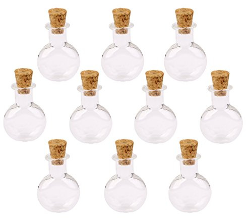 Lot de 10 mini fioles en verre transparent avec bouchon en liège – Plat et rond, as description, Polyester, comme description