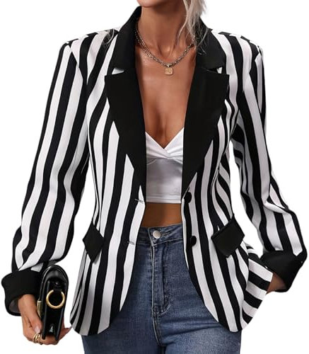 OBEEII Blazer rayé noir et blanc à manches longues ouvert sur le devant pour femme, blazer décontracté pour le travail, le bureau, noir, S