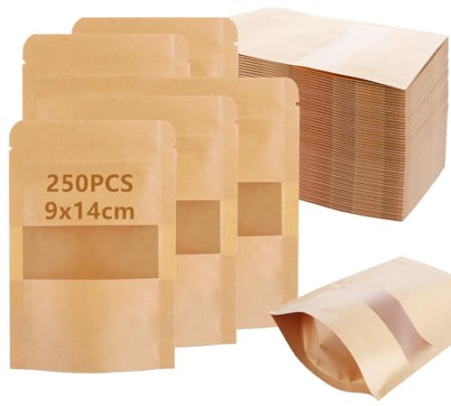 Oungy 250 Stück Kraftpapiertüten mit Fenster, 9 x 14 cm, wiederverschließbare Papiertüten für Lebensmittel, braune Stand-up-Beutel, Papierbeutel mit Druckverschluss für Nüsse, trockene Lebensmittel,
