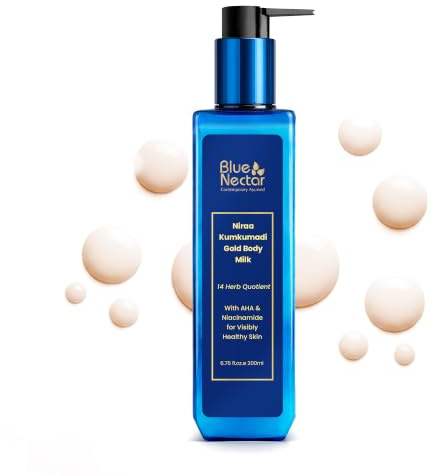 Blue Nectar 24K Carat Gold Body Milk for Women & Men | Body Lotion with Plant Based AHA & Niacinamide | Moisturizer for Body | All Skin Types (14 Herbs, 200ml)