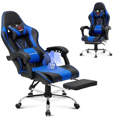 COLAMY Gaming Stuhl, Computer Stuhl mit Fußstütze und Lendenwirbelstütze, höhenverstellbarer Gaming Chair mit 360°-Drehsitz und Kopfstütze, Video Gamer PC Stuhl, Ergonomische hohe Rückenlehne, Blau