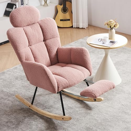 DEKKETO Schaukelstuhl mit Kopfstütze und Hocker, Teddy Stillsessel mit Fußstütze, Großer Sessel zum Stillen, Bequem Lesesessel Holz für Wohnzimmer Schlafzimmer, Rosa