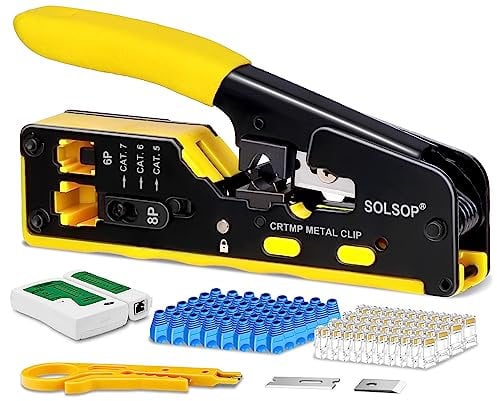 Solsop RJ45 Crimpzange für Cat7 Cat6 Cat5e Cat5 Netzwerkkabel, Netzwerk Werkzeug Set mit 50 Stück Pass Through Cat6 RJ45 Stecker, 50 Stück RJ45 Stiefel, Netzwerk Lan Tester