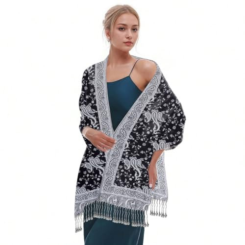 Frauen Pashmina Schals und Tücher Jacquard Schal Weich Seidig Reversible Bohemian Schal Halstuch (Schwarz)