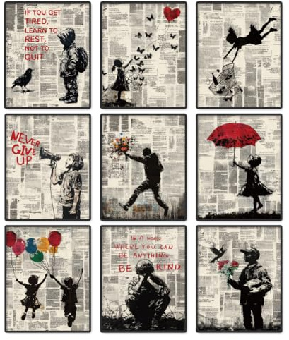 DOODLREAM 9 Stück rahmenlose wasserfeste Banksy-Leinwandkunst für Wohndekor | 20 x 25 cm Inspirierende Wandposter mit Zitaten, geeignet für Schlafzimmer, Büro, Klassenzimmer und Wohnzimmer.