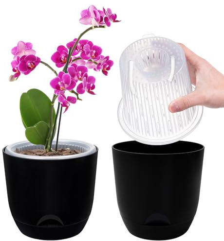 2er-Set Orchideentopf, 14,7 cm Doppelschicht-Design – Transparenter Selbstbewässerungstopf mit Übertopf, Orchideen-Bewässerungssystem, Blumentopf für Orchideen(Rein Schwarz)