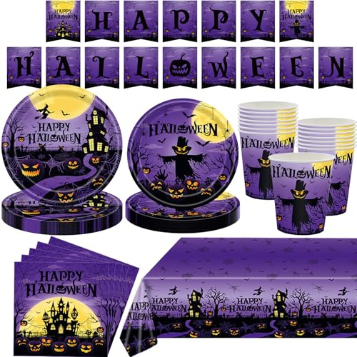 MORAINJAY 68 Piezas Vajilla de Halloween Morada Papel,Kit de Decoración Mesa para Fiestas de Halloween con Servilletas,Mantel,Banderola, Platos y Vasos,Servicio para 16 Personas