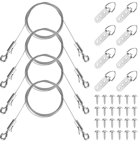 Picture Hanging Wire Kit, Including 4 Adjustable Wires & 8 D Rings & 24 Screws 77lbs Capacity Heavy Duty Picture Rail Hanging Cord Hanger Hook Kit for Displaying Frames Mirrors Canvas Wall Art