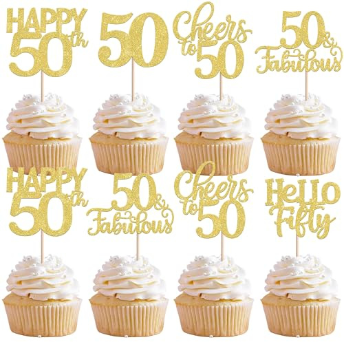 30 Stück 50th Geburtstag Tortendeko Glitzer Happy 50 Cheers to Fabulous 50 Cupcake Toppers Hello Fifty Kuchen Deko für 50th Geburtstag Jahrestag Party Kuchen Dekoration Gold