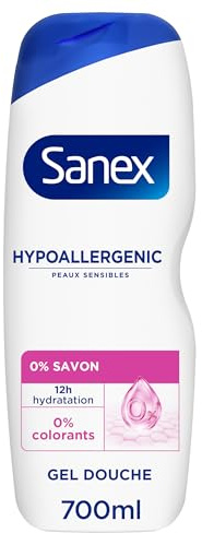 Sanex, Gel Douche Peaux Sensibles, Derma Care Hypoallergénique, 700 ml | Gel douche sans savon, Technologie hydratante 12h aux prébiotiques naturels, Protection active du pH de la peau sensible