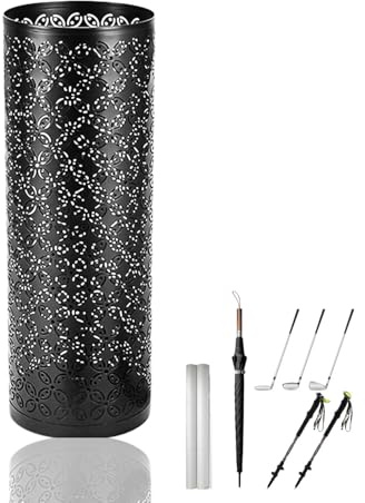 HIKENRI Metal Umbrella Stand For Hallway,Round freestanding Umbrellas Storage,Umbrella Holder Indoor For Umbrellas,Walking Sticks,Packing Paper,Trekking Poles,Decoration(Black/42x15cm)