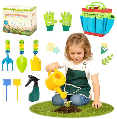 Funsland Juego de Herramientas de Jardín: Kit de Jardinería para Niños, 10PCS, Delantal, Pala, Regadera, Rastrillo, Guantes,Juego de Jardín Niño, Juguetes Al Aire Libre, Regalo