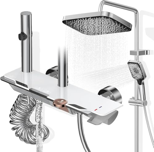 Wiorhix Colonne de Douche avec Mitigeur, Ensemble Douche Tête Pluie XXL 31,5cm, Panneau Commande Piano 4 Fonctions, Hauteur Réglable 83-110cm, pour Baignoire et Salle de Bain - Blanc