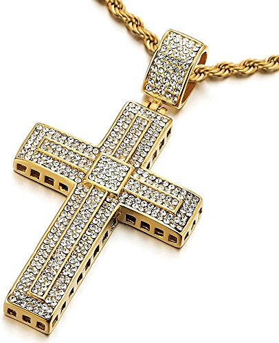 COOLSTEELANDBEYOND Grande Oro Collana con Pendente Croce con Zirconi, Uomo Donna Ciondolo Croce, Acciaio Inossidabile, Catena Corda 75CM