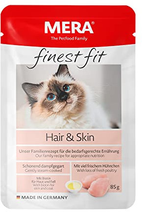 MERA Finest fit Hair & Skin Nassfutter – Katzennassfutter für anspruchsvolle Katzen mit Haut- und Fellproblemen – Getreidefreies Katzenfutter mit viel frischem Hühnchen – 12x85g