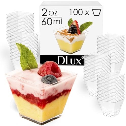 DLux Dessert Cups, 60 ml 100 Pcs - Clear Plastic Parfait Appetizer Cups, Square Short Reusable Shot Glass Bowl for Party Desserts Appetizers - with Recipe Ebook