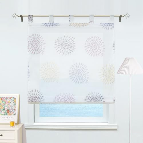 ESLIR Raffrollo mit Schlaufen Gardinen Küche Raffgardinen Transparent Schlaufenrollo Vorhänge Kreis-Motiven Modern Voile Lila BxH 100x140cm 1 Stück