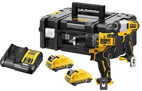 DeWalt KIT 12V brushless = Trapano a percussione XR + Avvitatore a percussione XR + Valigetta TSTAK II con 2 batterie Li-Ion 3Ah, Multicolore