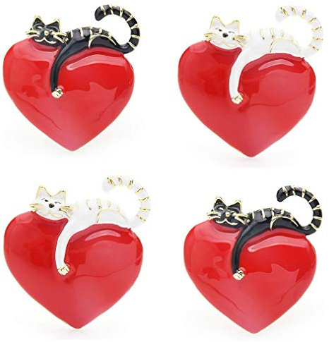 4pcs adorable broche coeur de chat noir et blanc Kitty conception simple bijoux cadeau pour amoureux des chats