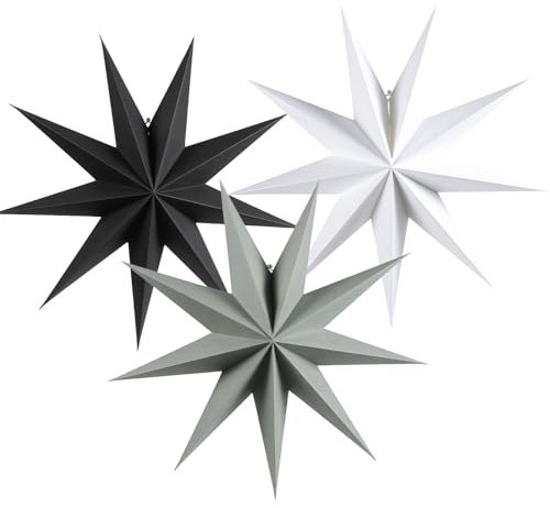 SUNBEAUTY Christmas 5Pcs Paper Stars 7 Pointed 12 Inch Black White and Gray Hanging Paper Star Lanterns Christmas Hanging Lamp Paper Decorations Shade Wedding Birthday Christmas Home Party