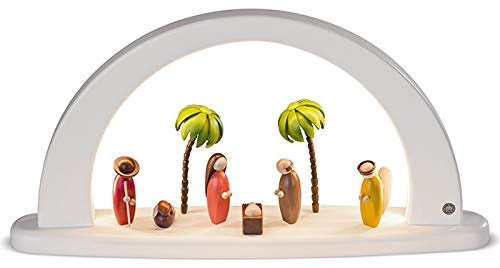Kleinkunst aus dem Erzgebirge Moderner Lichterbogen weiß Christi Geburt, farbig lasiert (230V 50Hz) LxBxH= 49x9x26cm NEU Schwibbogen Fensterbild Fensterleuchter