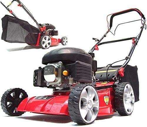 Benzin Rasenmäher 410mm Radantrieb 55793 Antrieb 41 cm Motor Mäher Selbstantrieb, inkl. Markengetriebe AWZ Big-Wheeler-Räder Stahlblechgehäuse, Radantrieb